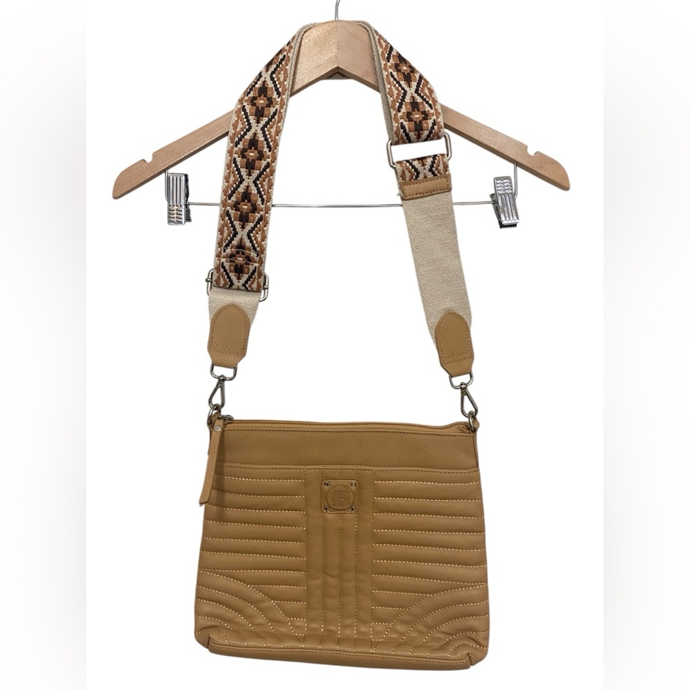 Firenze Bella Crossbody Purse Leather Handbag Guitar Strap tan NEW NO TAG
